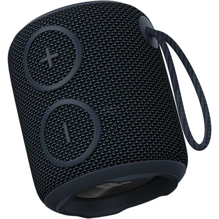 Portable wireless Bluetooth speaker in dark fabric with volume buttons and a wrist strap anchor on top edge