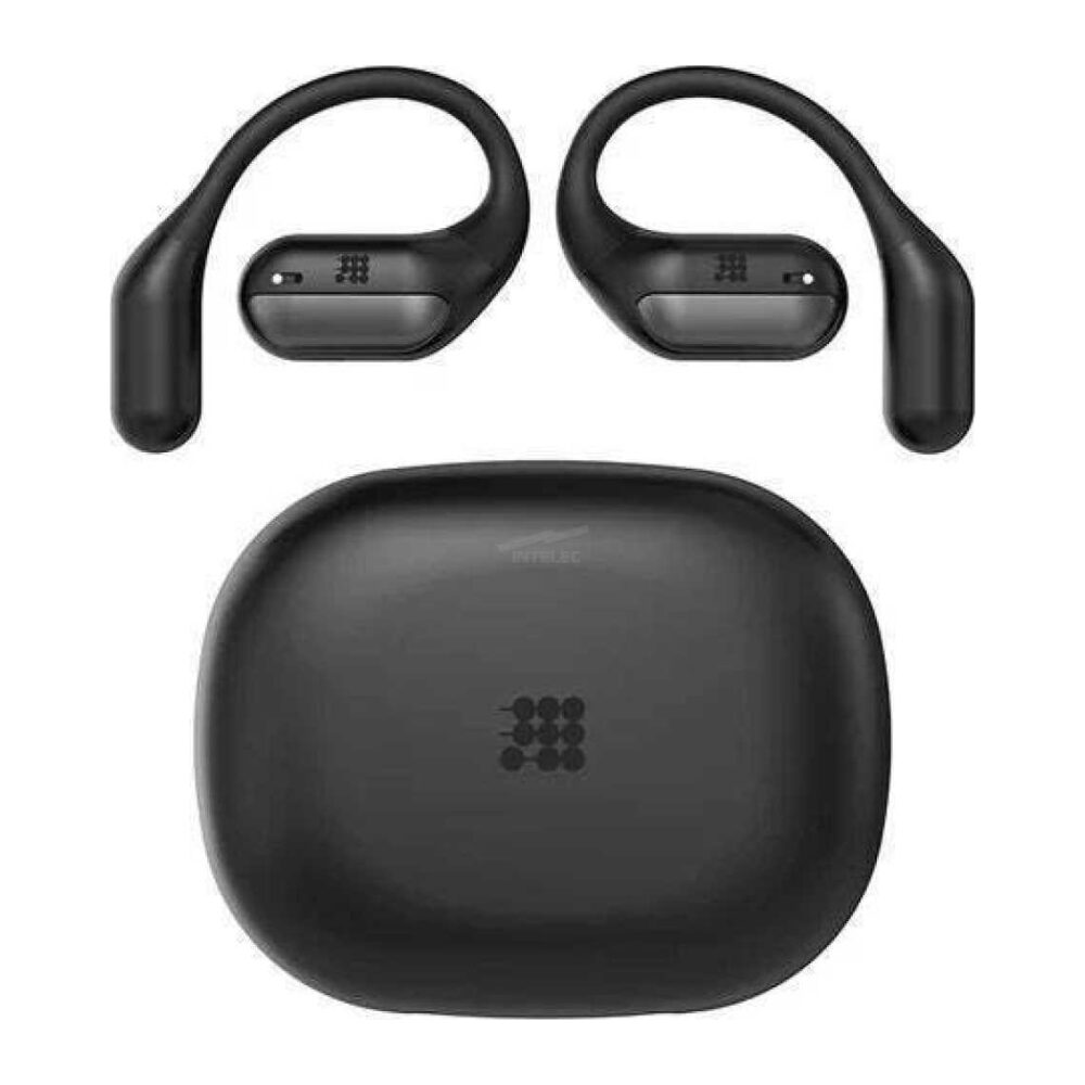 Pair of black wireless earbuds with a compact charging case, shown from above.