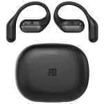 Pair of black wireless earbuds with a compact charging case, shown from above.