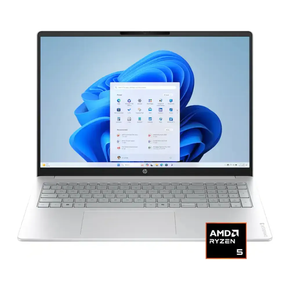 HP laptop with a Windows desktop on the screen and an AMD Ryzen 5 sticker in the bottom-right corner (silver chassis).