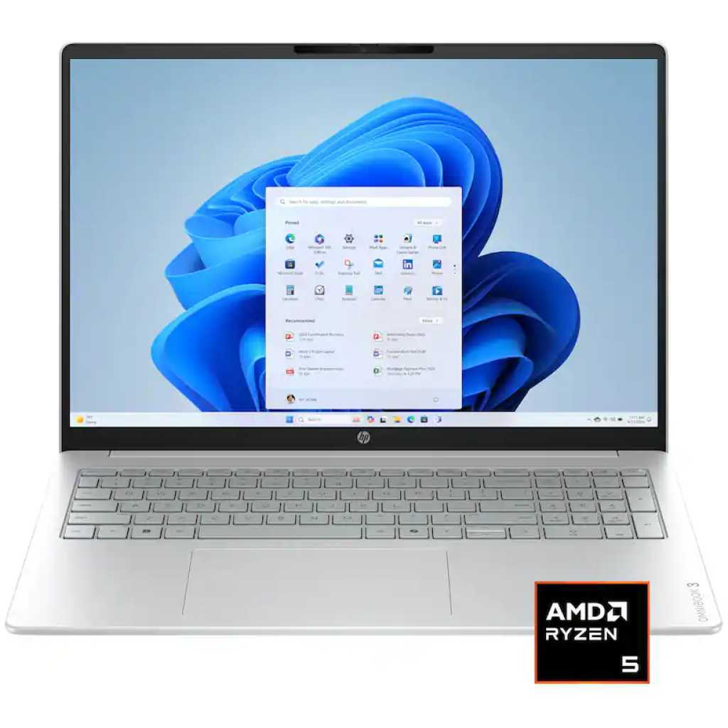 HP laptop with a Windows desktop on the screen and an AMD Ryzen 5 sticker in the bottom-right corner (silver chassis).