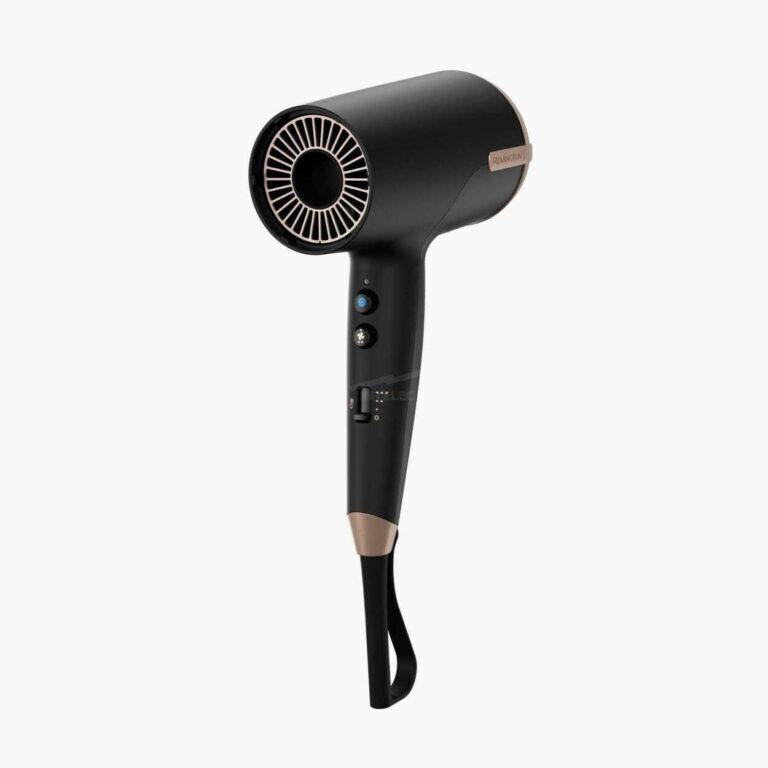Black Remington hair dryer with a rose-gold accent around the rear vent, close-up view of the barrel and handle