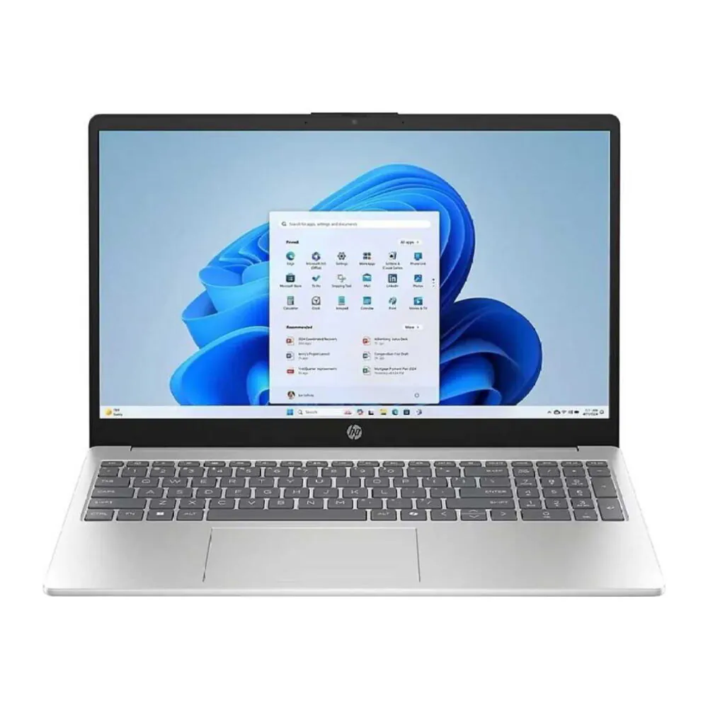 HP laptop open to a Windows desktop with Start menu visible on a blue wallpaper screen, silver body and black bezel.
