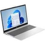 Silver HP laptop open at a slight angle, showing Windows 11 desktop with the Start menu