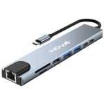 Nova multi-port USB-C hub with Ethernet, HDMI, USB-A ports and card slots, connected to a laptop via USB-C.