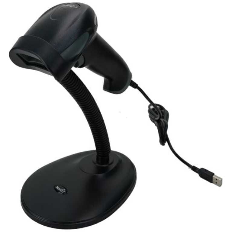 Black wired barcode scanner on a flexible gooseneck stand with a USB cable attached