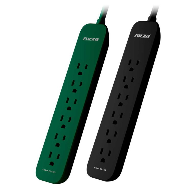 Two angled Forza power strips (green FSP-651G and black FSP-651B) shown against a white background.