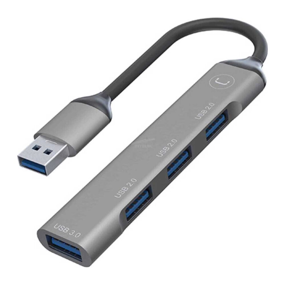 Compact USB 3.0 hub with four downstream ports and a USB-A male connector for expanding connectivity