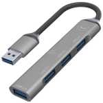Compact USB 3.0 hub with four downstream ports and a USB-A male connector for expanding connectivity