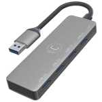 Silver USB 3.0 hub with five downstream ports and a USB-C male connector for connecting multiple devices