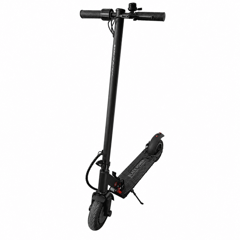 Black electric scooter with tall stem and large front wheel on a white background.