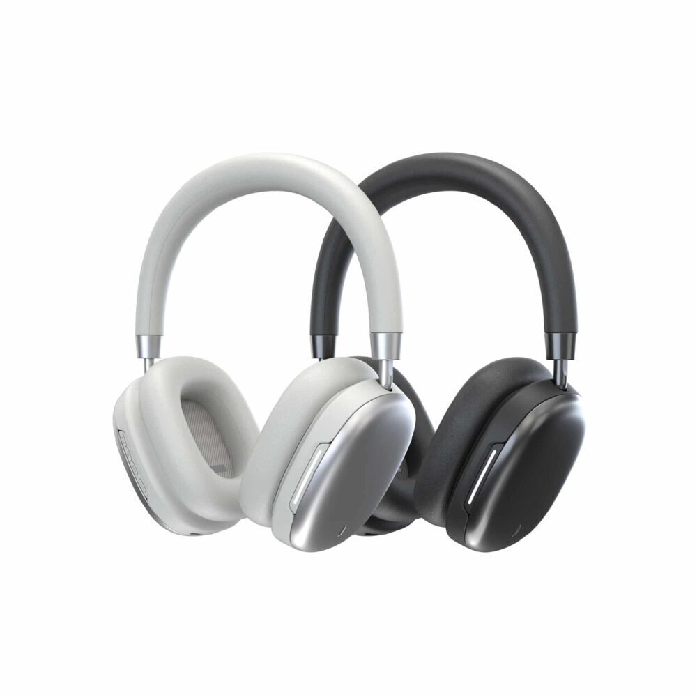 Three over-ear headphones in white, light gray, and black, shown side by side.