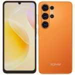 Orange HOTWAV smartphone shown from front and back with a triple-camera rear setup and a small notch at the top of the screen edge-to-edge display