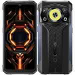 Rugged gaming smartphone shown from front and back, with orange-lit hexagonal pattern on the screen and a hexagonal camera ring on the rear panel.