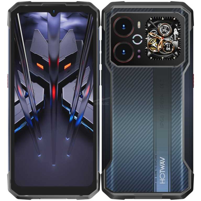 Rugged dual-screen smartphone; front shows a dark angular helmet graphic inside a reinforced frame.