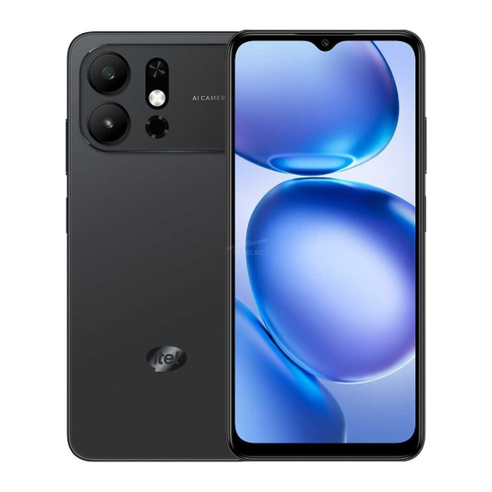 Dark gray smartphone shown from front and back with a large edge-to-edge display and a small notch at the top; back panel features a triple camera array, flash, and an oval fingerprint sensor with an Intel logo nearby.