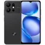 Dark gray smartphone shown from front and back with a large edge-to-edge display and a small notch at the top; back panel features a triple camera array, flash, and an oval fingerprint sensor with an Intel logo nearby.