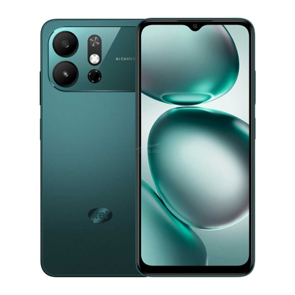 Teal smartphone shown from back and front, featuring a large rear camera module with multiple lenses and an AI CAMERA label, and a tall edge-to-edge display on the front.