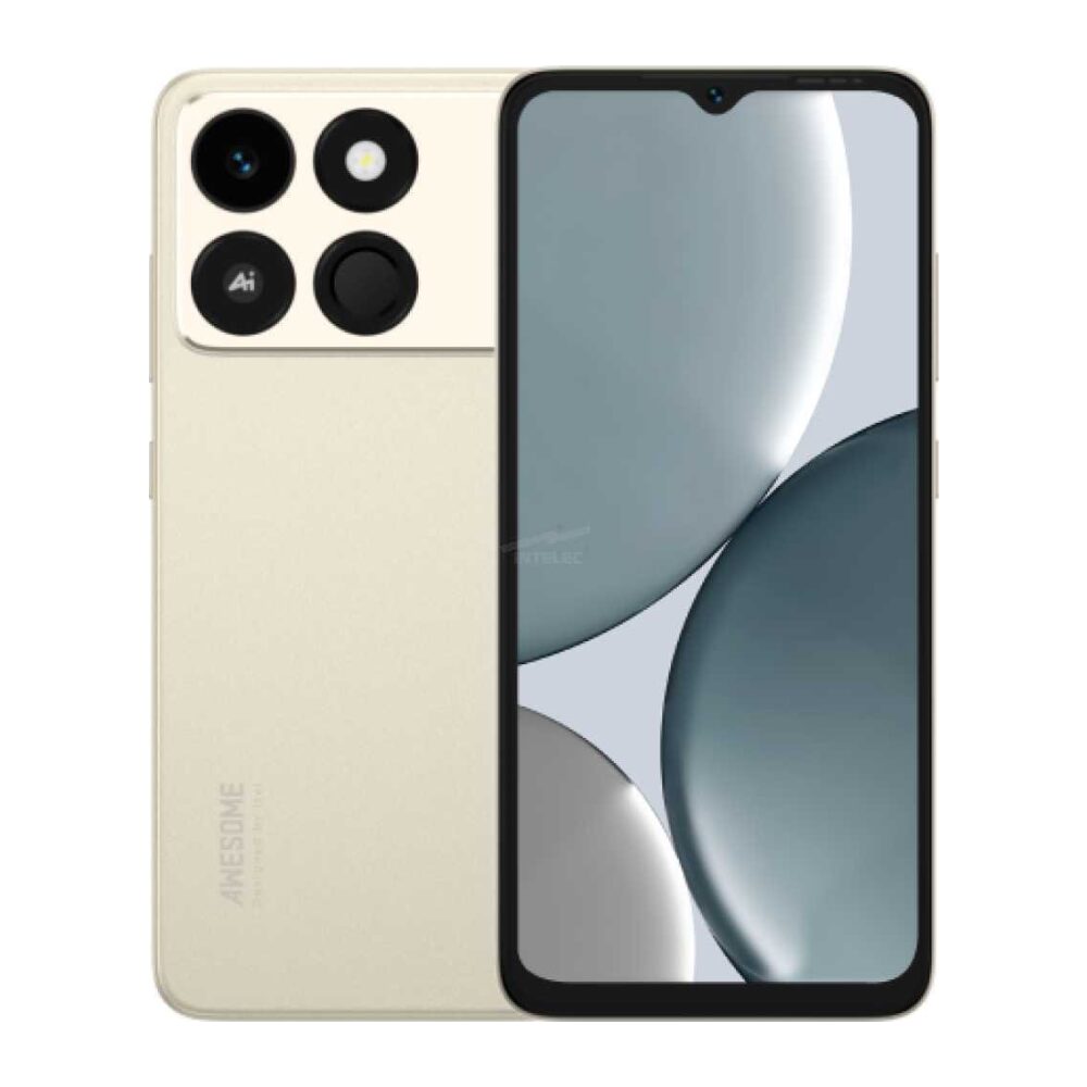 Champagne gold smartphone shown from back and front with quad-camera module on rear and large display on front