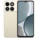 Champagne gold smartphone shown from back and front with quad-camera module on rear and large display on front