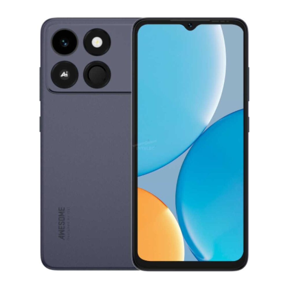 Blue smartphone showing front display with rounded edges and blue wallpaper; back features a quad-camera module and flash.
