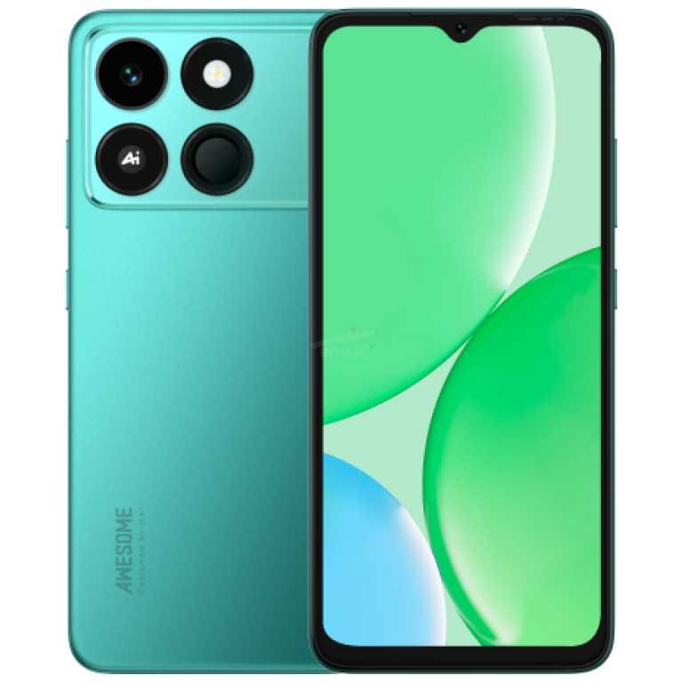 Teal smartphone shown from back-left and front-right; back features a quad-camera module in the top-left corner, while the front displays a large screen with a small notch at the top center and green abstract wallpaper.