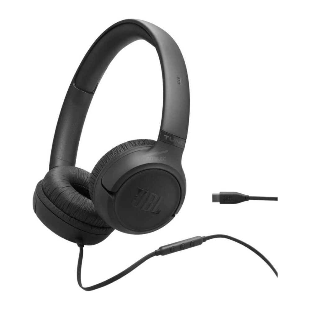 Over-ear JBL Tune headphones with attached audio cable and inline control module visible on the cable