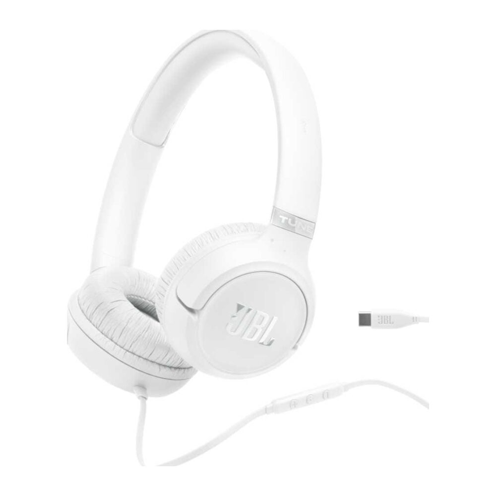 White JBL over-ear headphones with cushioned ear pads and inline remote, wired to a USB-C connector.