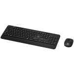 Black wireless keyboard with a matching wireless mouse on a white background.