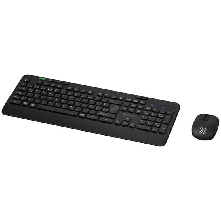 Black wireless keyboard with a matching wireless mouse on a white background.