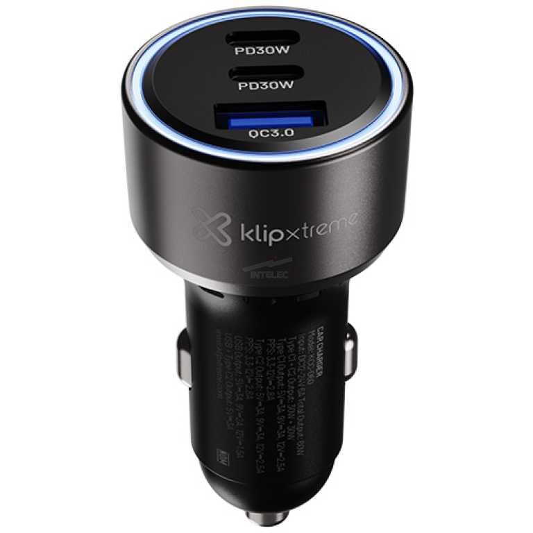 Car charger with two USB ports (PD 30W and QC 3.0) in a metallic cylindrical design with a blue ring around the top edge, Klip Xtrem branding visible.