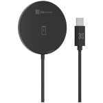 Round black wireless charging pad with a USB-C cable and KlipXtreme branding, designed for smartphone charging