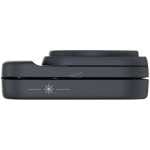 Side view of a dark gray desk stapler on a white background, showing a compact, two-piece design.