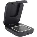 Compact black wireless charging stand with a flip-up lid and a built-in charging pad on the base, for hands-free charging of a compatible device.