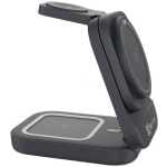 Dark gray wireless charging stand with a circular charging pad on the rotating arm, angled for easy viewing and device charging.