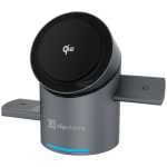 Klipxtreme Qi2 wireless car phone charger mount with a circular charging pad and blue indicator light on a gray pedestal