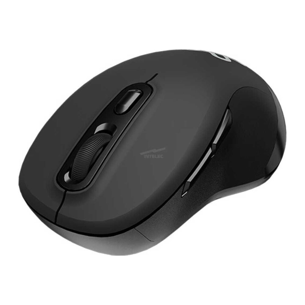Black wireless computer mouse with scroll wheel, viewed from top-left corner.