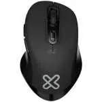 Top-down view of a black wireless mouse with a scroll wheel and a gray logo on the palm area.