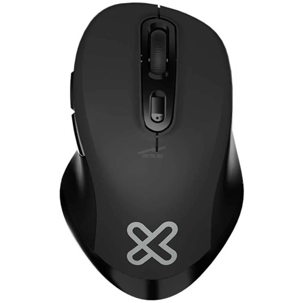 Top-down view of a black wireless mouse with a scroll wheel and a gray logo on the palm area.