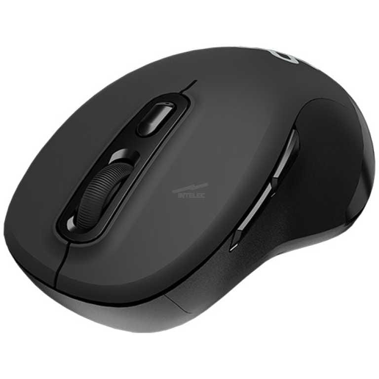 Black wireless computer mouse with scroll wheel, viewed from top-left corner.