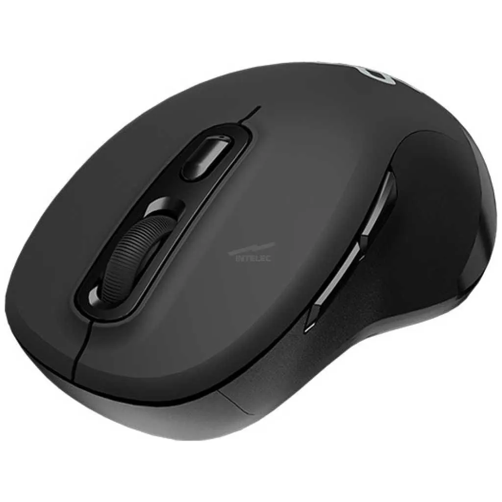 KMW-550 Black wireless computer mouse with scroll wheel, viewed from top-left corner.