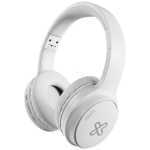 White over-ear wireless headphones with cushioned ear cups and an adjustable headband, shown from a slight angle.