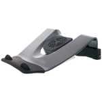 Foot pedal switch with a curved metallic surface and black base, designed for hands-free control.