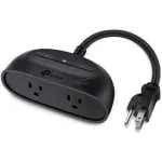 Black TP-Link smart power strip with two outlets and a wireless control button on top