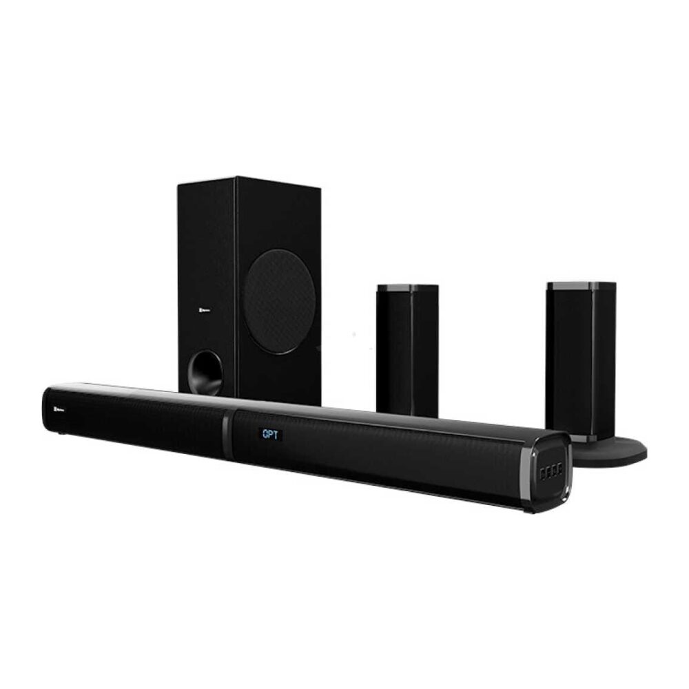 Black home theater speaker set: a long soundbar with blue display, a wireless subwoofer, and two tall satellite speakers.