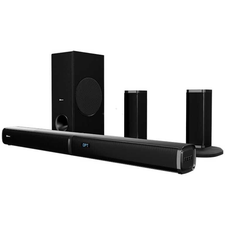 Black home theater speaker set: a long soundbar with blue display, a wireless subwoofer, and two tall satellite speakers.