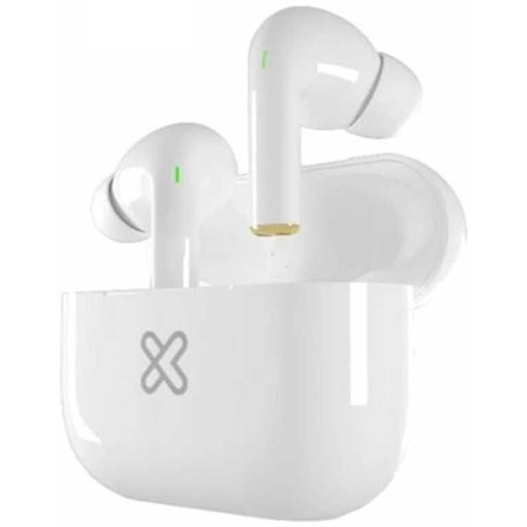 White wireless earbuds in a matching case with a subtle logo on the front and small green LED indicators on the buds.