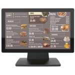 Digital menu board on a stand showing food sections (Sides, Appetizers, Pasta, Beverages) with photos and prices.