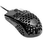 Wired black gaming mouse with a honeycomb shell, viewed from above.