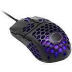 Wired gaming mouse with a hexagonal honeycomb shell and purple LED lighting.